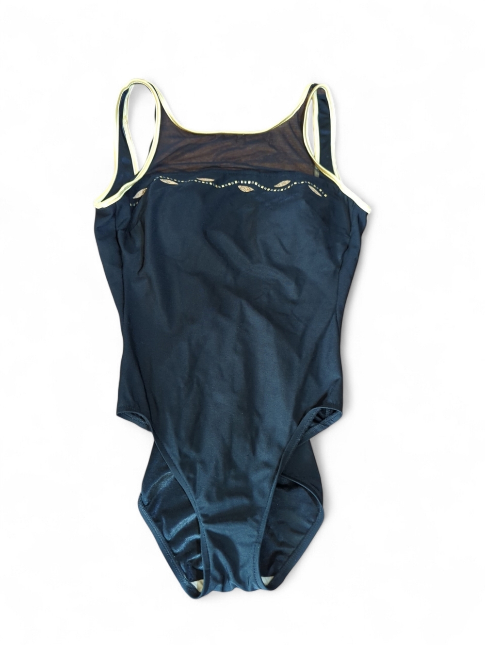 Vtg  Longitude  Black One-Piece Swimsuit Gold Trim Union Made Pool Beach Sz 12T